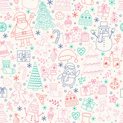 Christmas background design. Seamless pattern with cartoon ornaments. Vector illustration