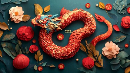 Obraz premium A playful paper-cut snake mascot wrapping around 