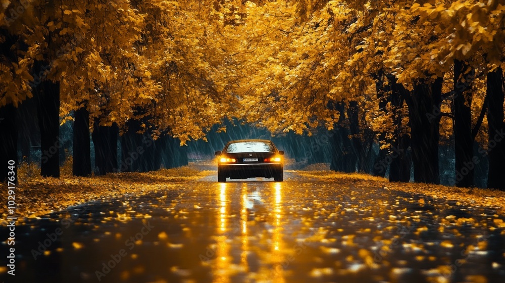 Aufkleber as evening settles, a car navigates a glossy road drenched by rain, surrounded by vibrant golden tre