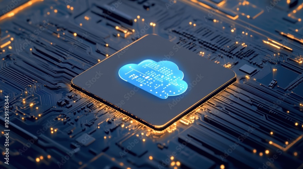 Poster glowing cloud icon on a circuit board