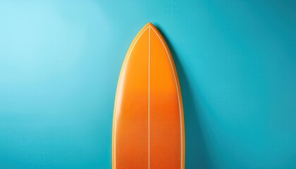  Vibrant Orange Surfboard Tip Against Bright Blue Background. Ideal for Beach, Surfing Lifestyle, Summer Sports, Adventure Themes, Water Sports Promotions, and Surf Gear Advertising