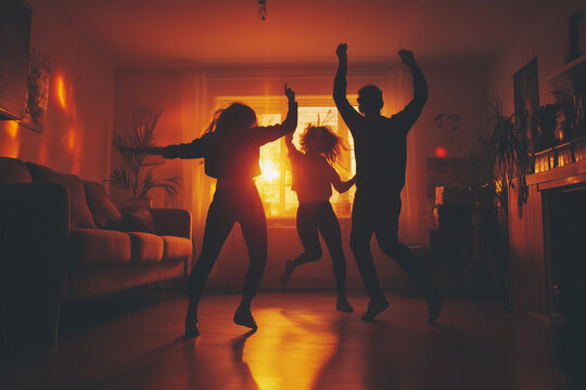 Friends having a spontaneous dance party in the living room, joyful and carefree.