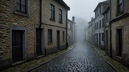 Fototapeta premium Misty Coastal Village Street – Cobblestone Path in an Isolated, Foggy Landscape