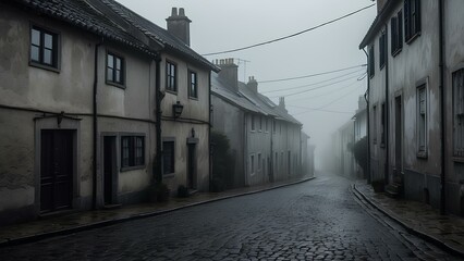 Obraz premium Misty Coastal Village Street – Cobblestone Path in an Isolated, Foggy Landscape