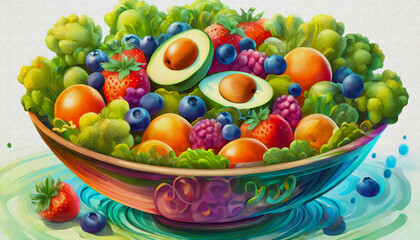 oil painting style  cartoon illustration salad isolated on white background, top view. side front 