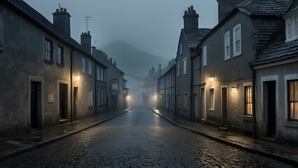 Misty Coastal Village Street – Cobblestone Path in an Isolated, Foggy Landscape