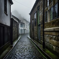Misty Coastal Village Street &ndash; Cobblestone Path in an Isolated, Foggy Landscape