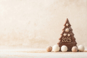 A chocolate Christmas tree marked with the year "2025" and decorated with small stars. Perfect for holiday desserts, festive celebrations, and New Year's themes.
