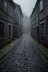 Fototapeta premium Misty Coastal Village Street – Cobblestone Path in an Isolated, Foggy Landscape