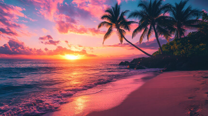 A vibrant tropical sunset over a serene beach with palm trees swaying gently by the water's edge in a picturesque coastal setting
