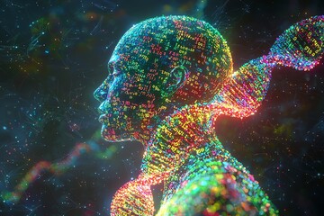 A digital representation of a human silhouette with a colorful DNA strand, highlighting the fusion of technology and biology.