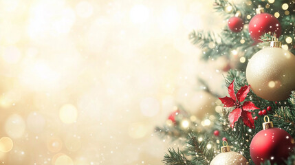 Fototapeta premium New year and Christmas background with Christmas ornaments on a gold gradient background with bokeh, with copy space, cyber space, close-up