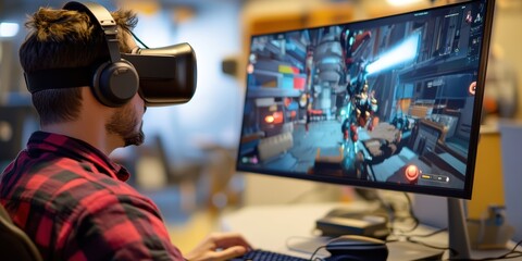 Software developer creating a virtual reality game, modeling characters and designing interactive worlds.