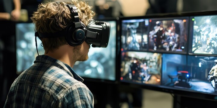 Software developer creating a virtual reality game, modeling characters and designing interactive worlds.