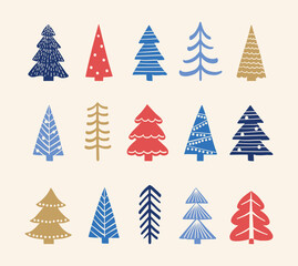 Colourful Christmas tree icon set. X-Mas decorations concept. Vector illustration
