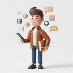 3D illustration of a character holding a smartphone, surrounded by colorful social media icons and communication symbols, set against a solid white background. Ideal for digital communication