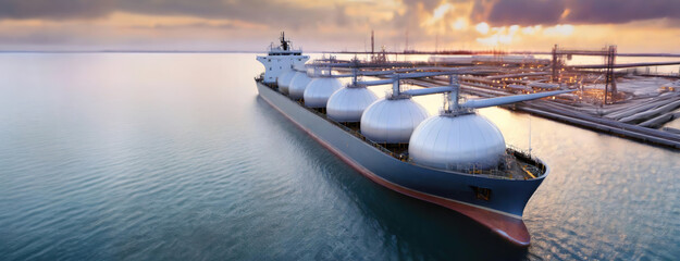 Large industrial ship transporting liquefied gas tanks sailing in the calm waters of an industrial harbor at sunset.