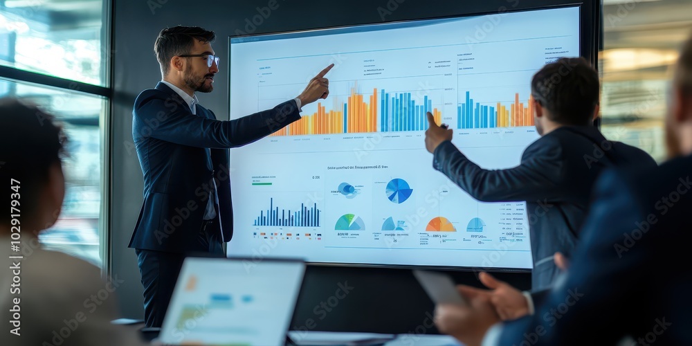 Poster team leader reviewing performance metrics with employees, using data visualizations on a large scree
