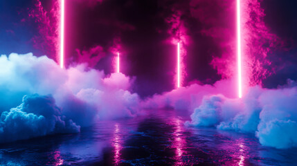 Fototapeta premium A mesmerizing landscape featuring glowing neon pillars illuminating a misty environment during nighttime