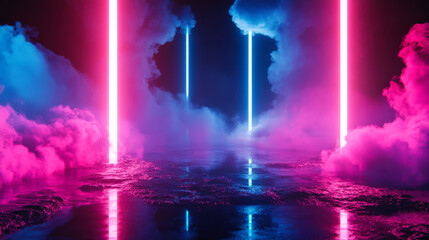 A mesmerizing landscape featuring glowing neon pillars illuminating a misty environment during nighttime