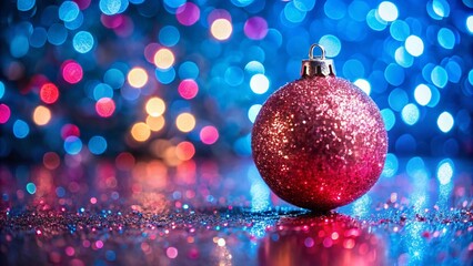 Fototapeta premium Sparkling Pink Glitter Christmas Ball Ornament on Shimmering Background