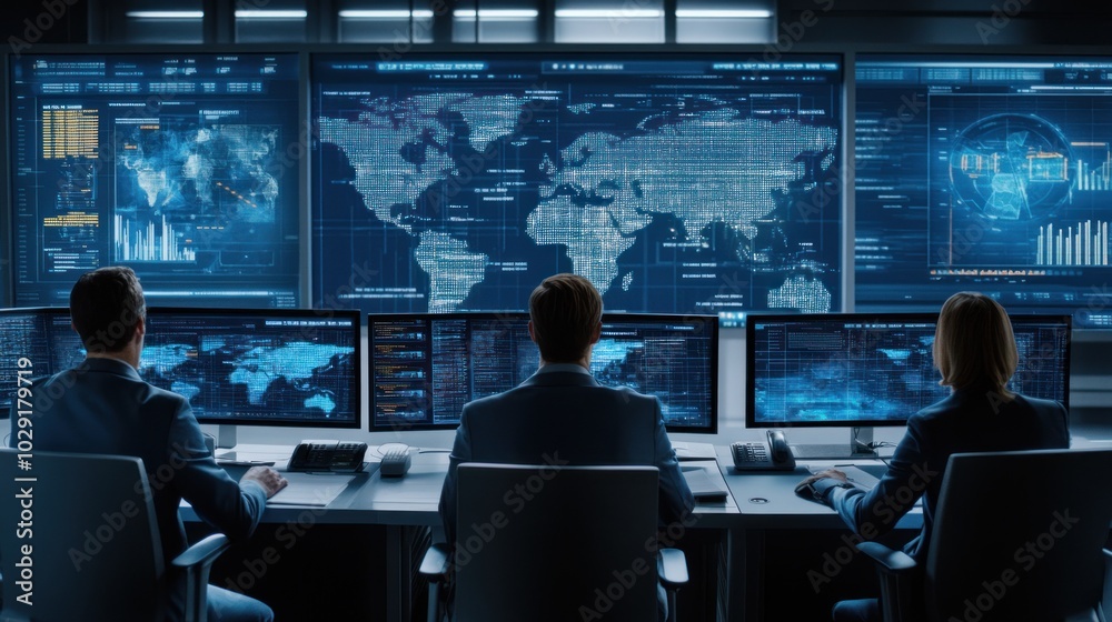 Fototapete Three People Working in a Surveillance Room with Multiple Monitors Displaying Data and a World Map