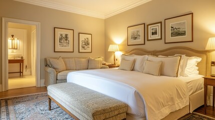 Fototapeta premium Bedroom with a large bed, framed pictures, and a comfortable sofa, designed for relaxation and comfort.