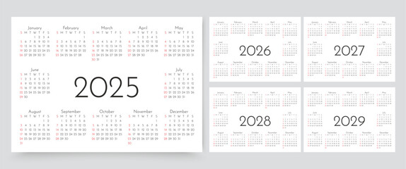 Calendar for 2025, 2026, 2027, 2028, 2029 years. Calender templates. Week starts Sunday. Desk planer grid. Planner layout with 12 months. Yearly diary in English. Vector illustration. Paper size A4