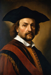 Renaissance-style portrait of a man in colonial-era clothing, Generative AI	
