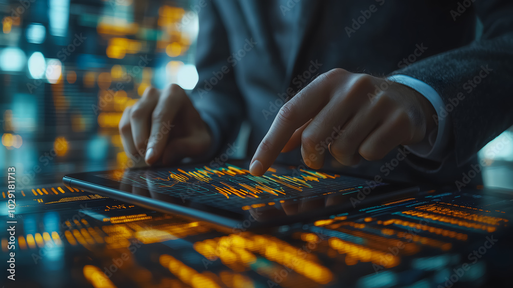 Poster a man is using a tablet to type on a screen with a lot of numbers and lines. concept of focus and co