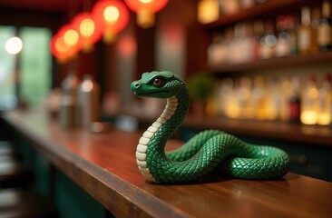 Fototapeta premium Symbol of the year 2025, green snake figurine in a cozy setting on a bar counter in a cafe