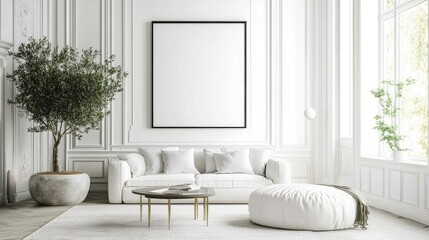 Bright white room featuring a mockup frame and sleek, contemporary furniture, creating a sophisticated and elegant interior.
