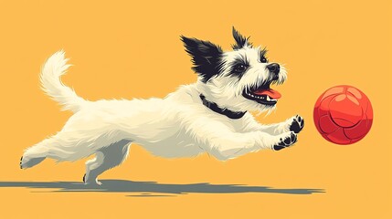 Dog playing with a red ball on a yellow background