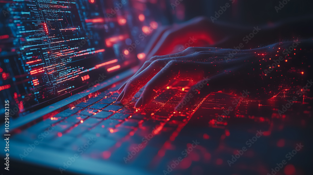Poster a person is typing on a computer keyboard with red glowing letters. concept of urgency and intensity