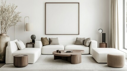 Clean, contemporary white room with a mockup frame on the wall, surrounded by modern furniture in neutral tones.