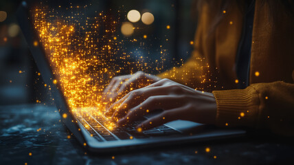 A woman is typing on a laptop with a bright yellow sweater on. The laptop screen is filled with glowing sparks, creating a sense of excitement and energy. Concept of productivity and creativity