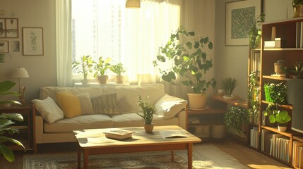 Fototapeta premium Comfortable living room with a wooden table, inviting sofa, various indoor plants, and a bookshelf, all complemented by soft, natural lighting.