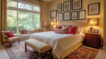 Fototapeta premium Comfortable bedroom with a large bed, multiple picture frames on the wall, and a cozy sofa near the foot of the bed.