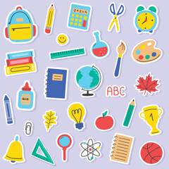 Back to School set with cartoon stickers. Supply icons. Vector illustration
