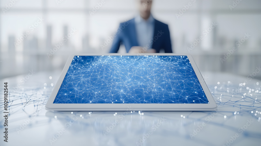 Canvas Prints a tablet with a blue screen is on a table. the tablet is surrounded by a blue and white pattern. con