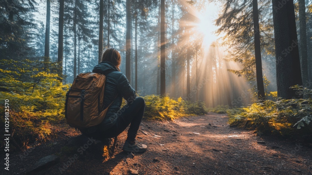 Poster a person sits quietly on a forest path, surrounded by tall trees. sunlight streams through the folia