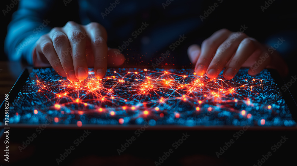 Poster a person is typing on a tablet with a blue background and red dots. concept of technology and modern