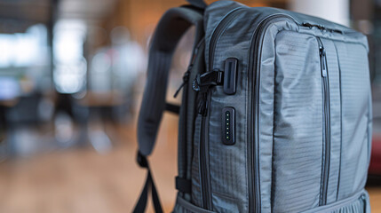 Stylish grey backpack featuring a built-in charging port, designed for the modern traveler or commuter, photographed in a sleek indoor environment.