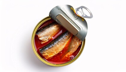 Canned sea fish, sardines, marinated in oil in an opened can on a white background