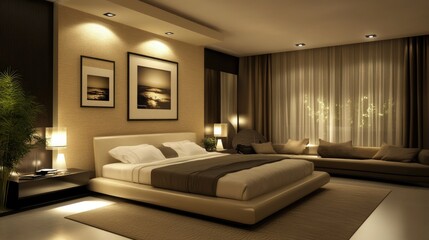 Elegant bedroom design with a large bed, framed art on the walls, and a modern sofa, showcasing a blend of comfort and style.