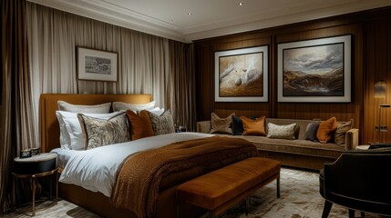 Obraz premium Elegant bedroom design with a large bed, framed art on the walls, and a modern sofa, showcasing a blend of comfort and style.