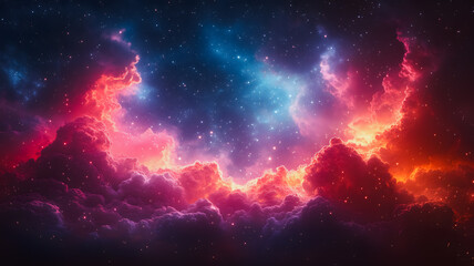 A colorful space scene with a red cloud in the middle. The sky is filled with stars and the colors are vibrant
