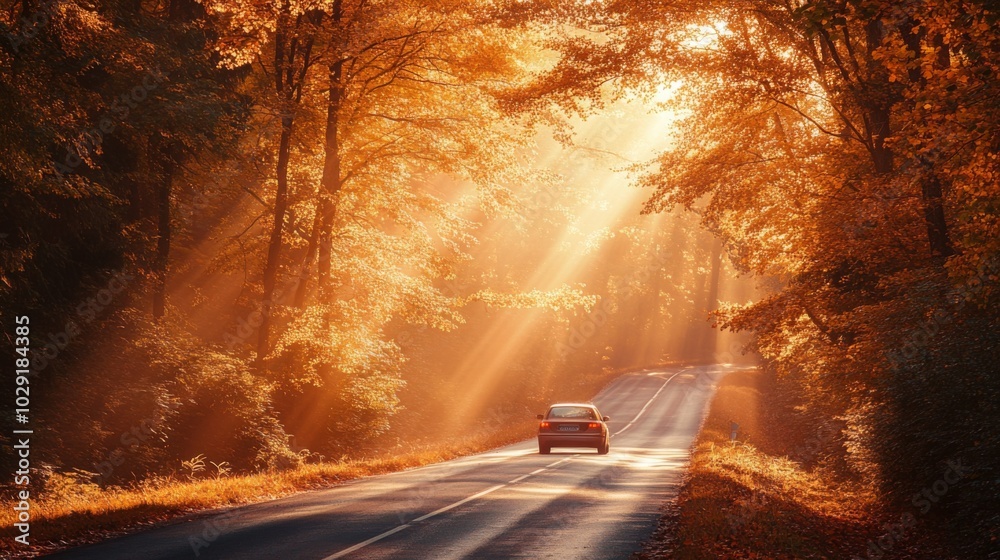 Leinwandbilder a car travels along a winding road through a forest adorned with vibrant autumn leaves. sunlight str