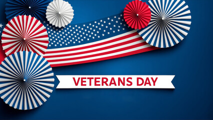 A banner template for US Veterans Day with paper fans in American national colors with a place to copy the text.