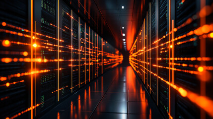 A futuristic data center corridor with illuminated lines and high-tech servers, representing advanced technology and digital networks